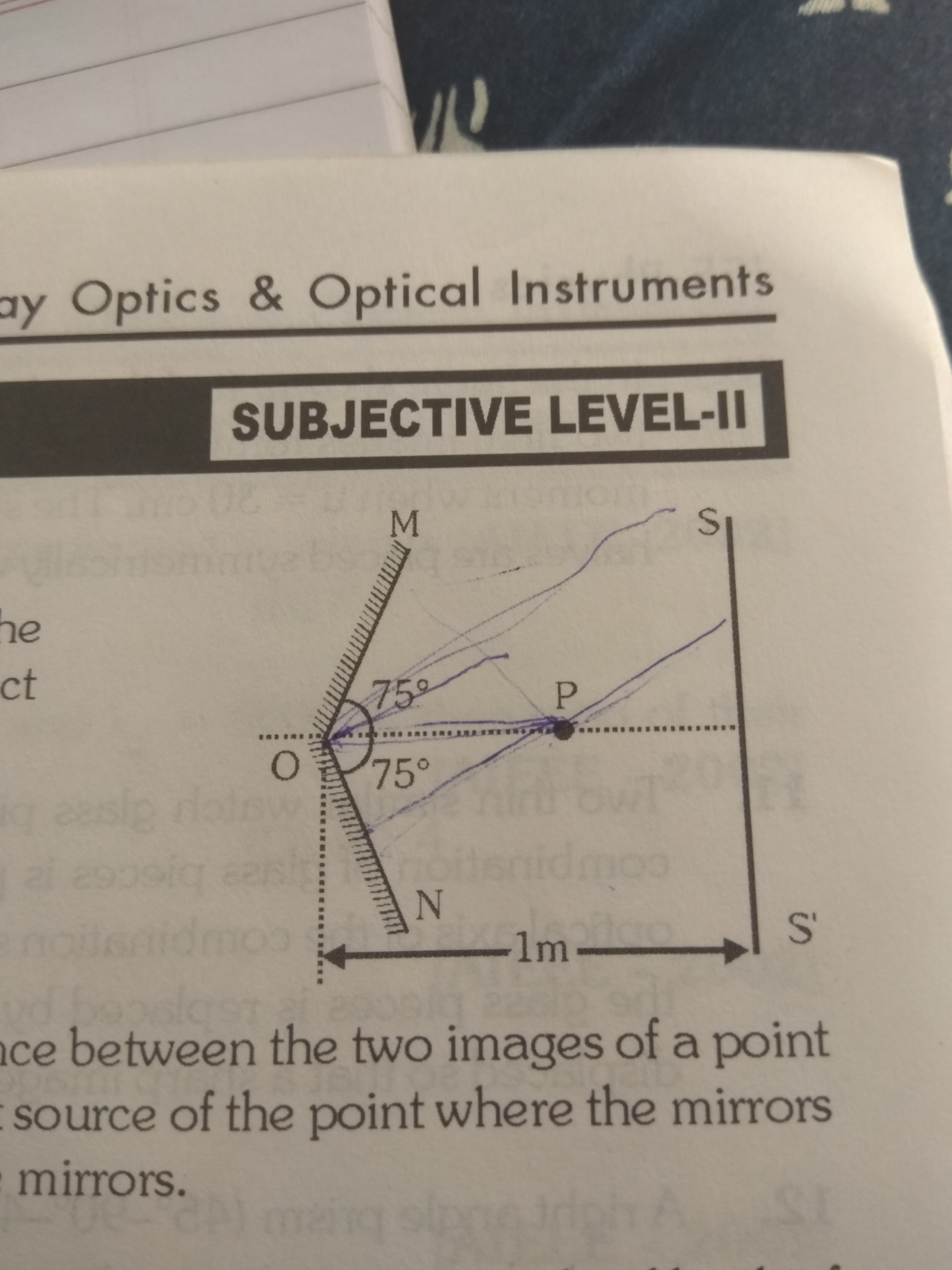 Question image for two large plane mirrors OM and ON are arranged as